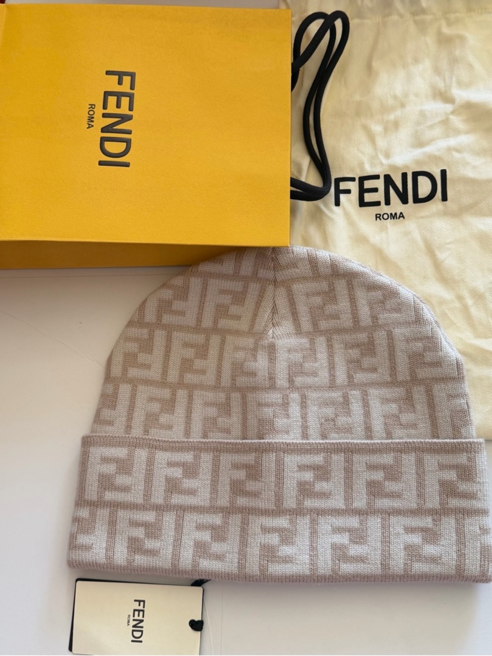 Fendi Pink Beige Logo Knit Beanie NWT